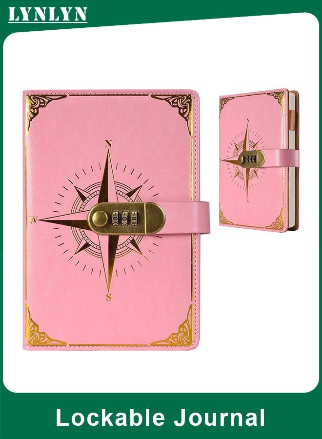 LYNLYN A5 Lockable PU Leather Journal with Combination Lock, Vintage Diary Notebook with Pen Holder and Bookmark, 200–220 Pages Thick Paper Password Diary for Men, Women and Teens, Private Daily Writing, Work Records and Planning (PINK) - Image 1